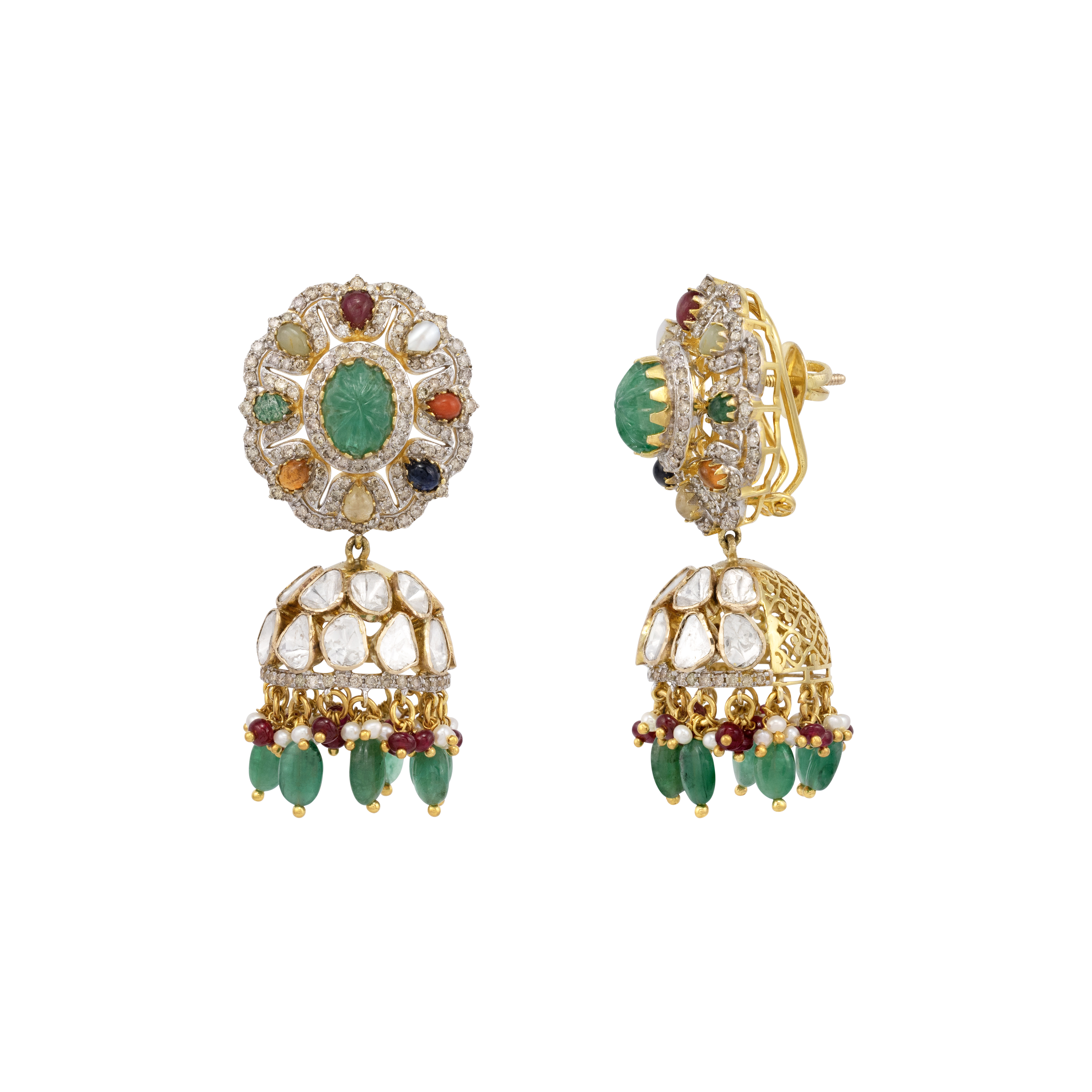 Carved Emerald Navratan Jhumki with Polki Dome